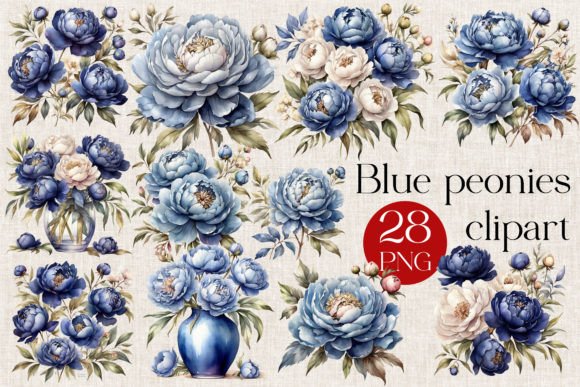 Download 28 Blue Peonies Watercolor Clipart - Peonies watercolor Collection
