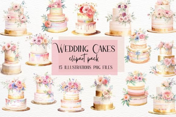Download Watercolor Wedding Cakes, Gold Floral - Cakes Collection
