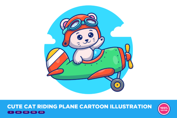 Download Cute Cat Riding Plane Cartoon - Premium Bundle